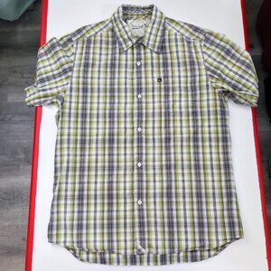 Quiksilver button down shirt men's size L grey green short sleeve check